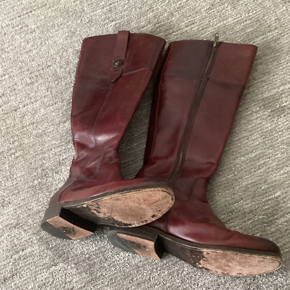 Frye Women's to the Knee Burgundy Leather Boots - Picture 2 of 5
